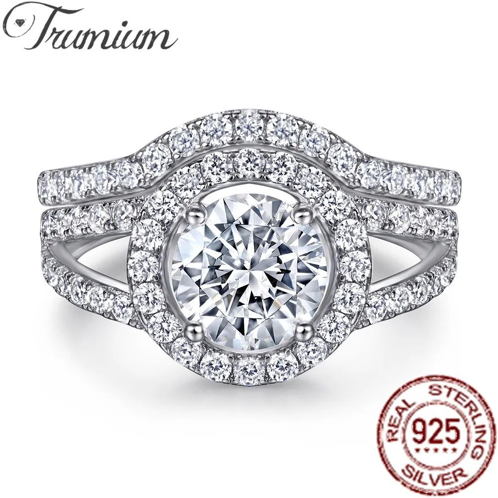 

Trumium 2Pcs 925 Silver Bridal Ring Set AAAAA Cz Wedding Band Engagement Rings for Women Luxury Fine Jewelry