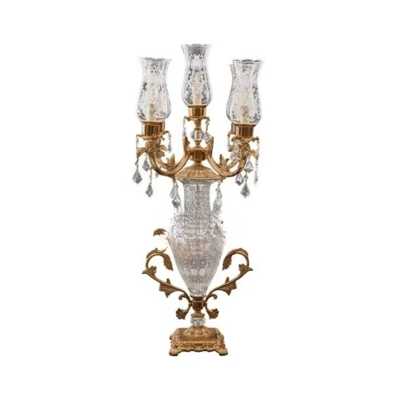 Antique brass crystal three-arm table lamp with hand-decorated details