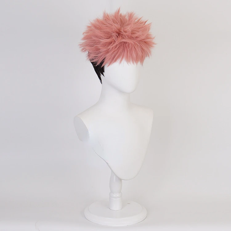 Peluca de Cosplay de Anime Itadori Yuji, pelo corto de alta temperatura, rosa de seda, malla interior, pelucas y gorro