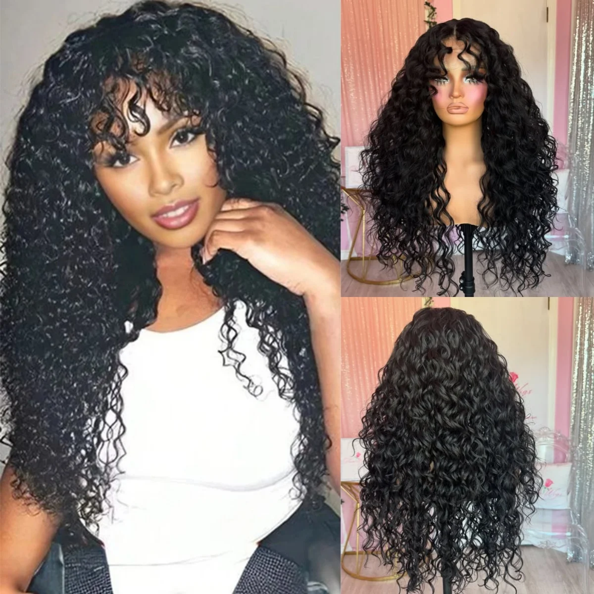 

Черные кудрявые парики с челкой 13X4 HD, прозрачные, с эффектом водной волны, синтетические, предварительно прорезанные, без клея, для начинающих.