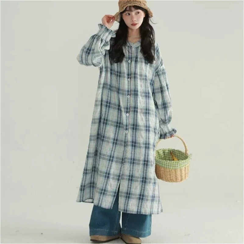 

Long Dress Women Shirts Dresses A Line Vestidos Y2k Streetwear Stand Collar Full Sleeve Plaid Elegant Party Night Work Casual