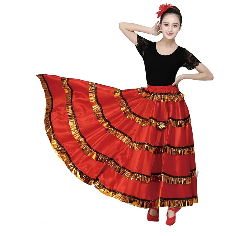 Gonna da flamenco spagnolo donna zingara da 720 gradi poliestere raso liscio grande altalena festa di carnevale sala da ballo costumi di danza del ventre vestito