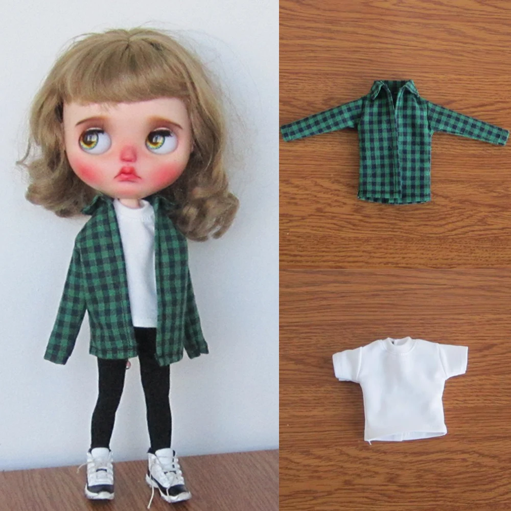 D05-P237 children toy 1/6 blyth ob24 ob27 azone19 joint BJD doll clothes Green checkered shirt white shirt