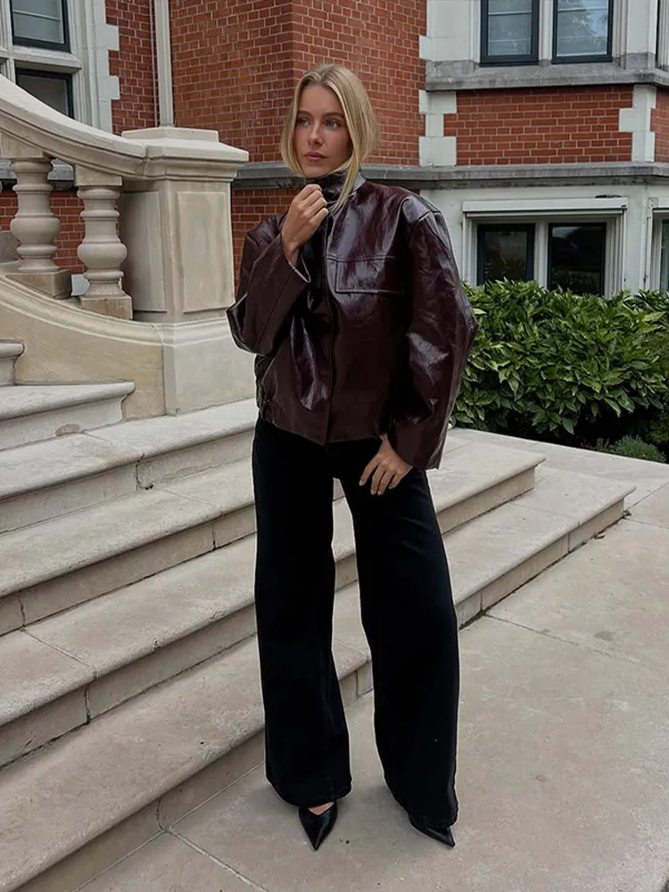 Women Casual Sequin Leather Jacket Fashion Solid Stand Collar Full Sleeve Short Loose Coat 2025 Autumn Daily Commute Office Wear