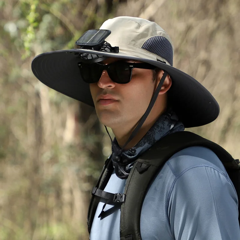 Men's Outdoor Fishing Hat Solar Fan Detachable Rechargeable UV Protection Wide Brim Sun Hats Quick Dry Breathable Hiking 4f031