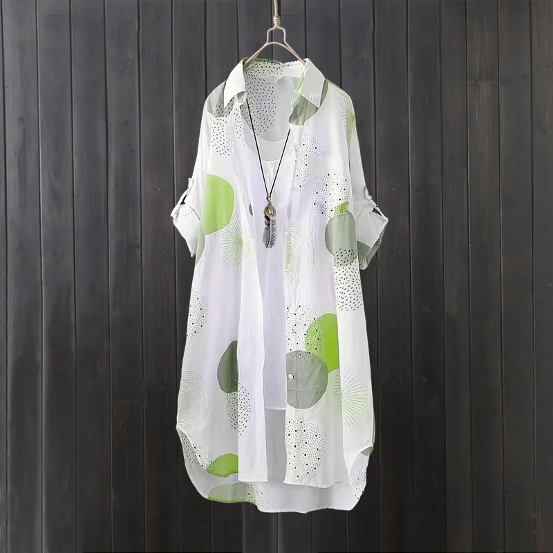 

Women's shirt Casual Thin Open Stitch Mid Length Summer Thin coat Loose Plus Size Sun Protection Long Sleeve Printed Blouse