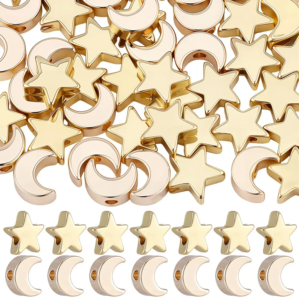 

60Pcs 2 Styles Rack Plating Brass Beads Long-Lasting Plated Cadmium Free Lead Free Star Moon Real 18K Gold Plated