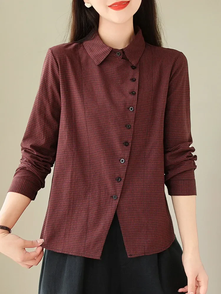 QWFR femmes à manches longues chemise décontractée nouveauté 2023 Style Vintage motif à carreaux tout-match ample femme couverture en coton chemises