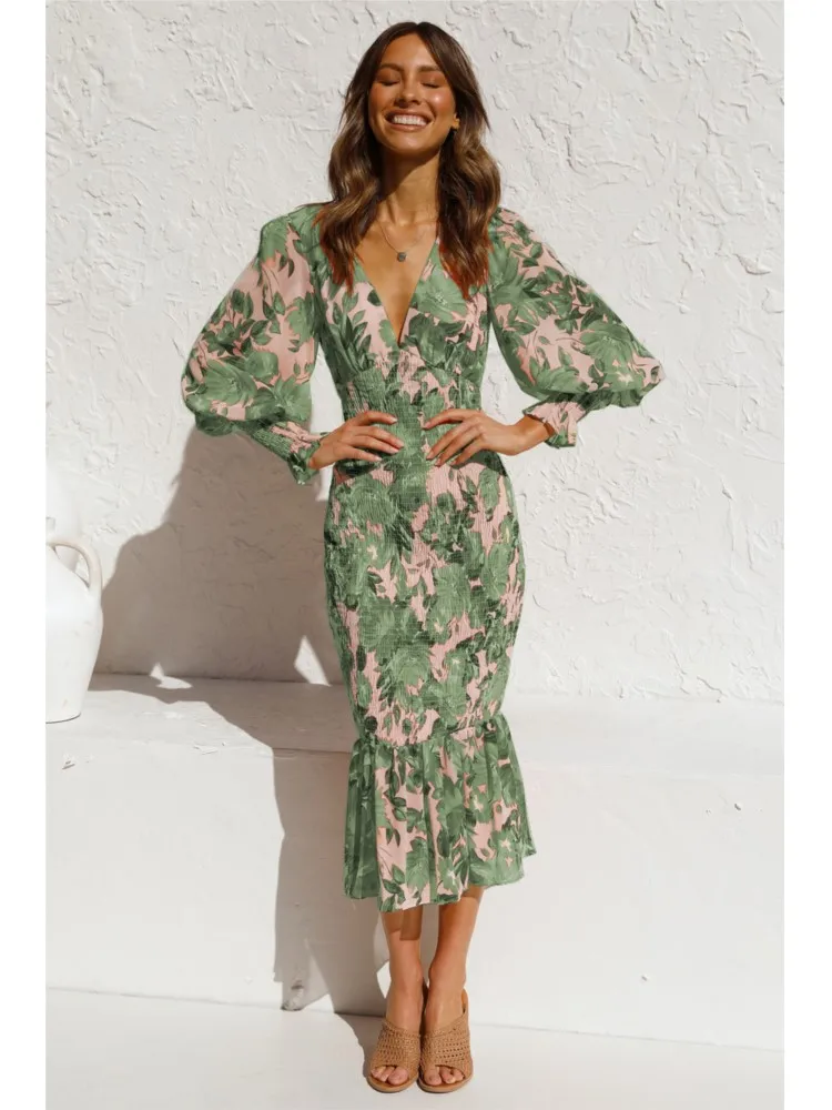 Spring Autumn New Fashion Printed Sexy V-neck Ruffles Long Dress Women Elastic Waist Fishtail Long Sleeve Holiday Party Dress