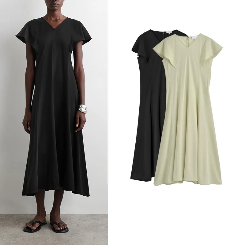 Zomer Nieuwe Dames Midi Dr Geplooide V-ne Stand pe Flng Sve 27284 Hoge Taille A-lijn Rok Polyestervezel