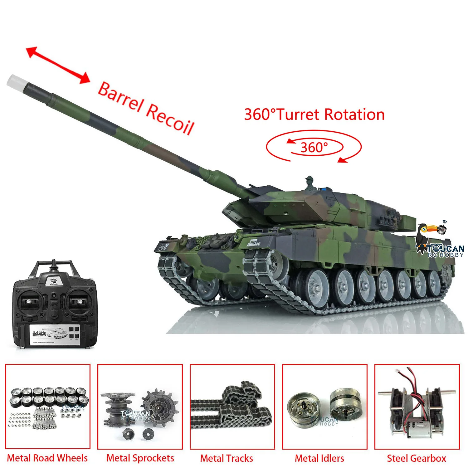 

Toucan Controlled Toys 1/16 Heng Long 7.0 Leopard2A6 RC Tank 3889 Barrel Recoil Metal Tracks W/ Rubbers RTR Car TH17593-SMT8