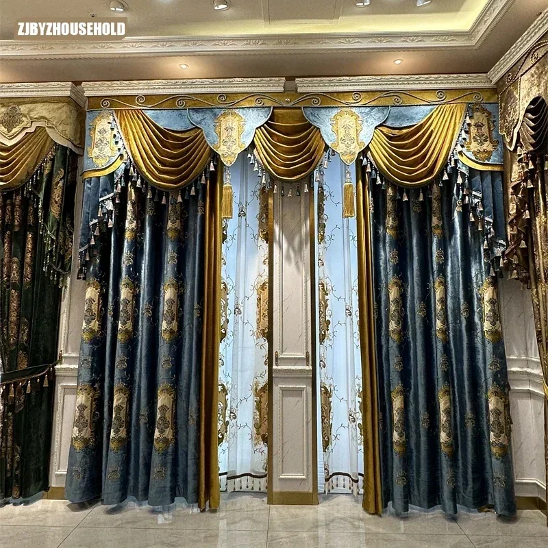 

Custom Blue Velvet Embroidery Blackout Curtains for Living Dining Room Bedroom Villa European Style Luxury Valance Window