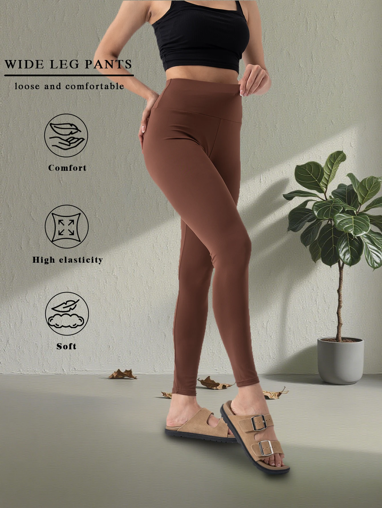 2026 Women High-waisted Wide-leg Pants Soft And Comfortable Brown High-stretch Casual Leggings Sweatpants Loose Everyday Trouser