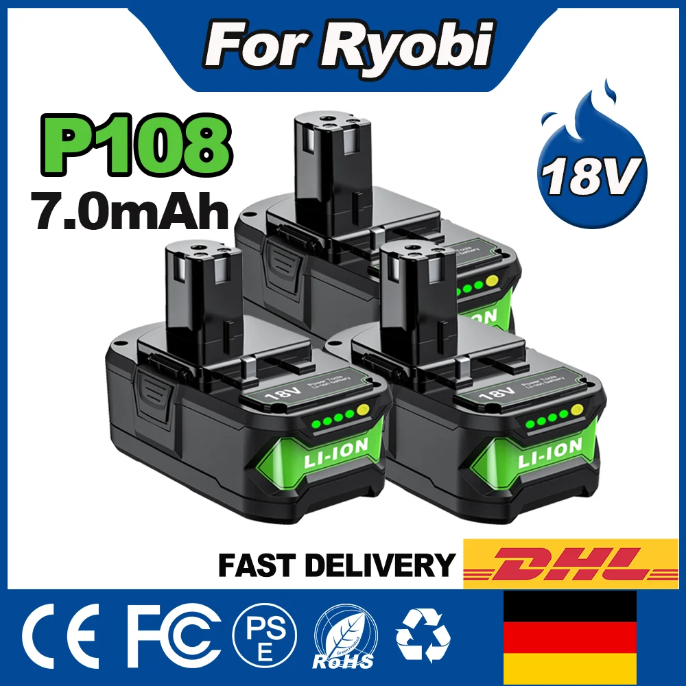 Batteria 7Ah per RYOBI P108 18V Plus, 18 Volt Li-ion per Utensili Elettrici P108 P104 P107 RB18L50 RB18L20 BPL1815 RB18L40
