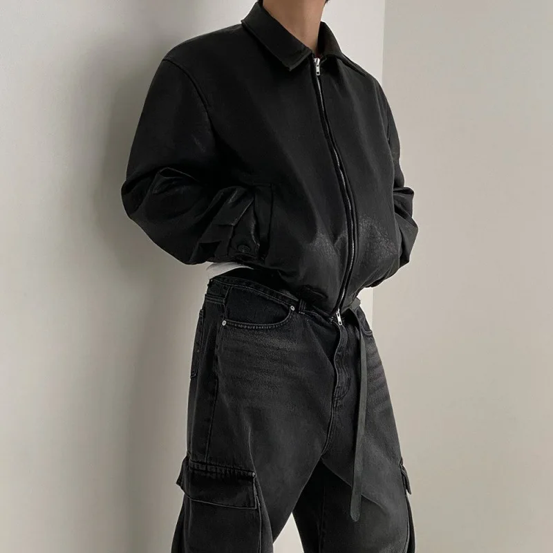 الرجال فو الجلود معاطف الرجعية قصيرة فضفاضة التلبيب سترة الربيع عارضة أعلى الجانب التماس جيب ثنائي الاتجاه البريدي تصميم ملابس للرجال #4