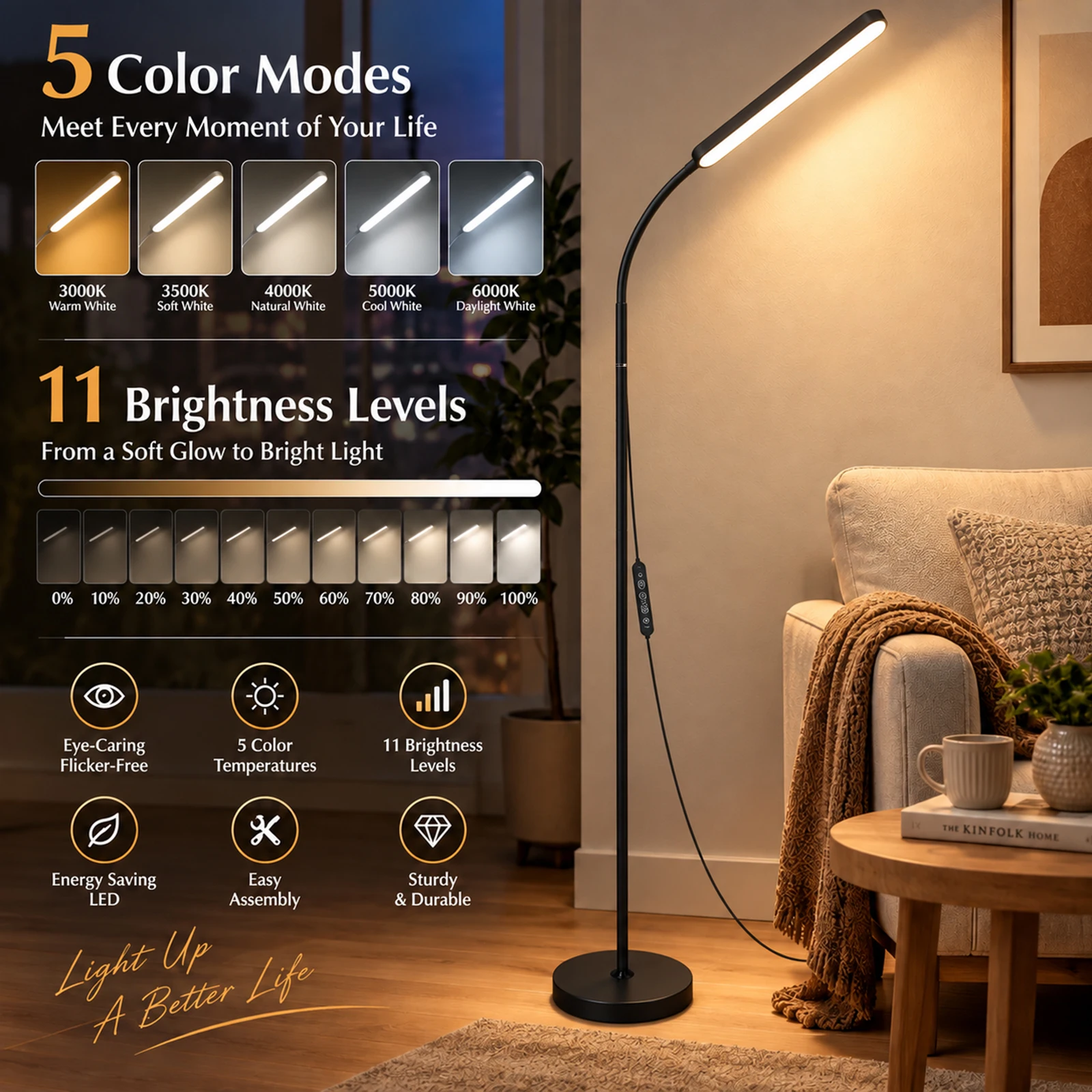 Modern LED Floor Lamp 5 Color Modes 11 Brightness Levels 360° Flexible Gooseneck Standing Lamp USB Powered 45min Auto Timer Eye Caring Reading Lamp for Living Room Bedroom Office