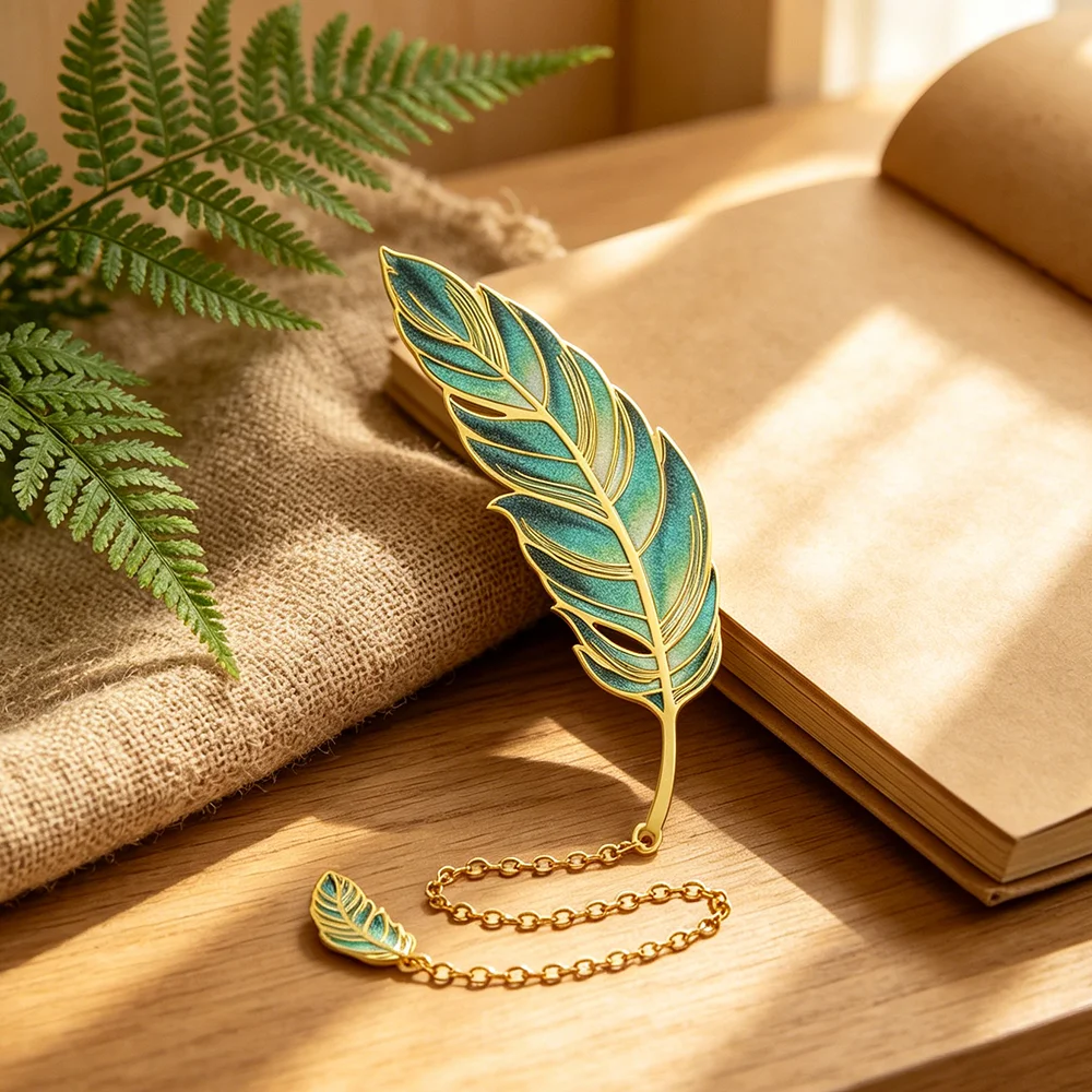 Aesthetic Iron Enamel Bookmark Hollow Feather Clover Page Marker with Chain Card Packaging for Book Lovers view 6