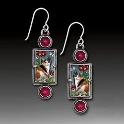 2023 New Novelty Cute Cat Earrings Animal Jewelry Red Stone Antique Metal Geometric Drop Dangle Earrings for Women Girl
