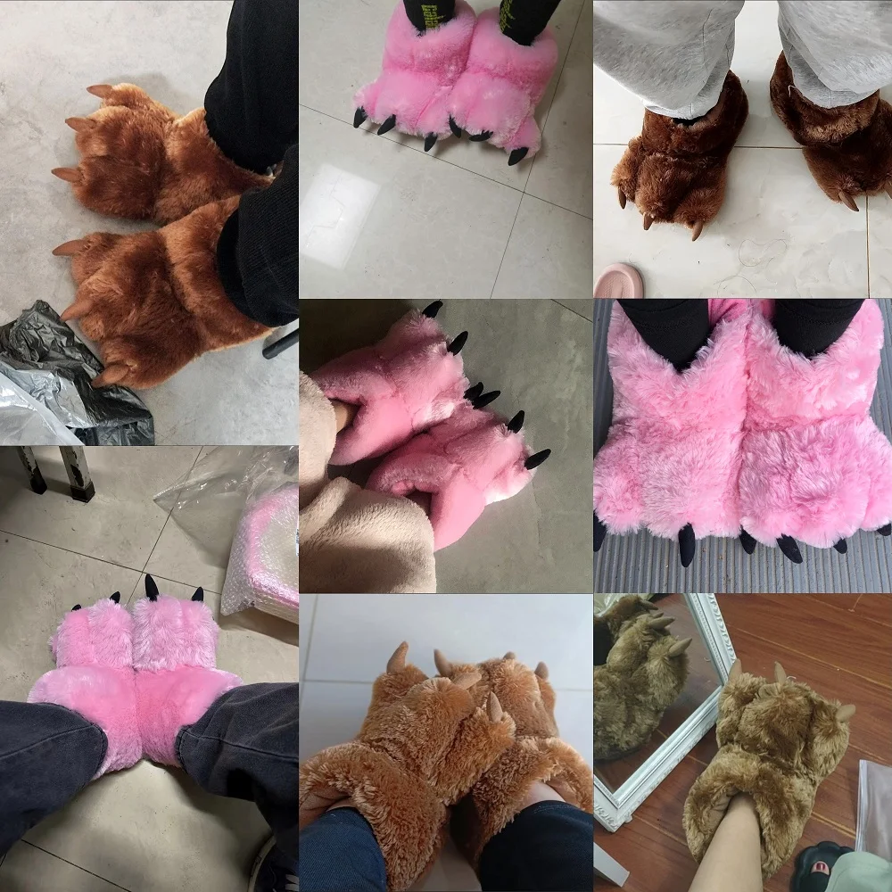 Fluffy Brown Paw Slippers with Claws Unisex Women Men Chunky Animals Bear Cotton Shoes Indoor Warm Winter Plush Floor Slides