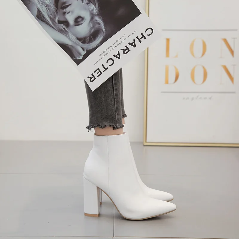 Comemore Autumn Women\'s Short Leather Boots High Heels Winter Woman White Shoes Pointed Thick Heel Women Dress Short Ankle Boot