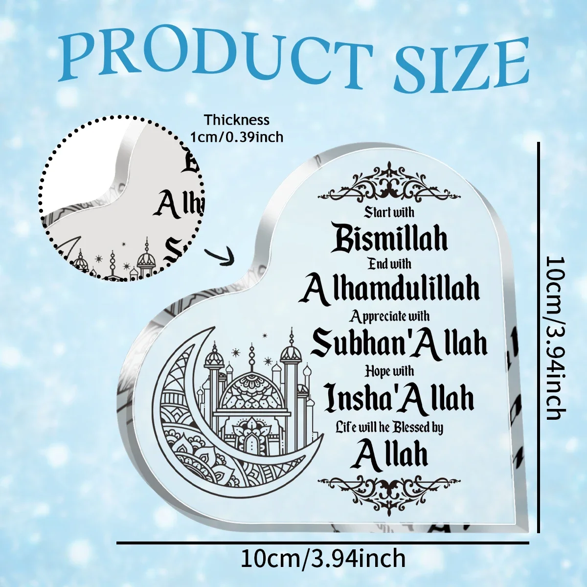 Crescent Mosque Acrylic Heart Sign Start with Bismillah Tabletop Ornament,Muslim Religious Quote Acrylic Heart Plaque Eid Ramadan Decor Gift