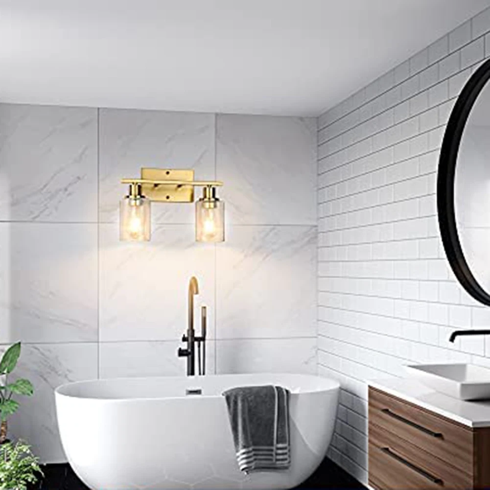 2-Light Gold Bathroom Vanity Light Fixtures, Modern Wall Lighting with Clear Glass Shade, Brushed Wall Sconce Lighting