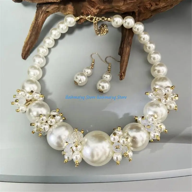 

573B Simulated Pearls Clavicle Necklace Set with Studs Earrings Skin Friendly Construction Formal Casual Wardrobe Essential