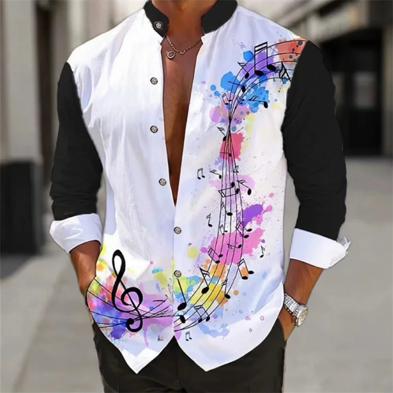 Men\'s shirt long-sleeved fashion cardigan music notes shirt Hawaiian 3D printed shirt XS-6XL super large size shirt comfortable