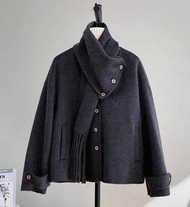 

Wool Blend Coats Womens Woolen Coat Cotton Added Winter Corduroy Herringbone Notched Collar Embroidered Buttoned Sided Snap Chic