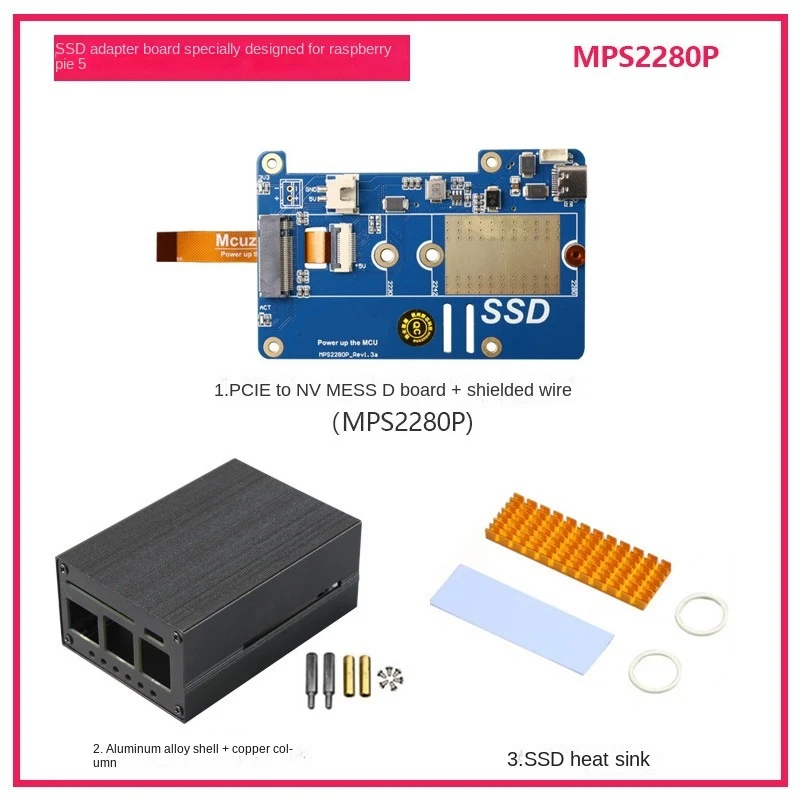 MPS2280P PCIE M.2 NVME SSD HAT+Case+SSD Heat Sink For Raspberry Pi 5 Support 2280 2230 2242 Gen 3 Expansion Board