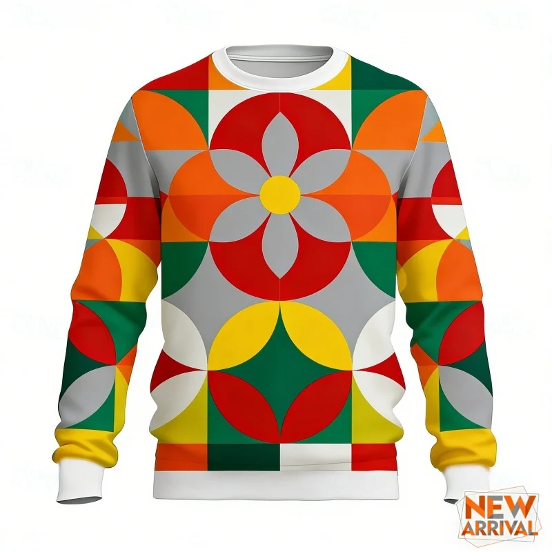 3D Printed Abstract Geometry Sweatshirt For Men Colorful Pattern Pullover Casual Loose O-Neck Long Sleeve Hoodies Unisex Tops