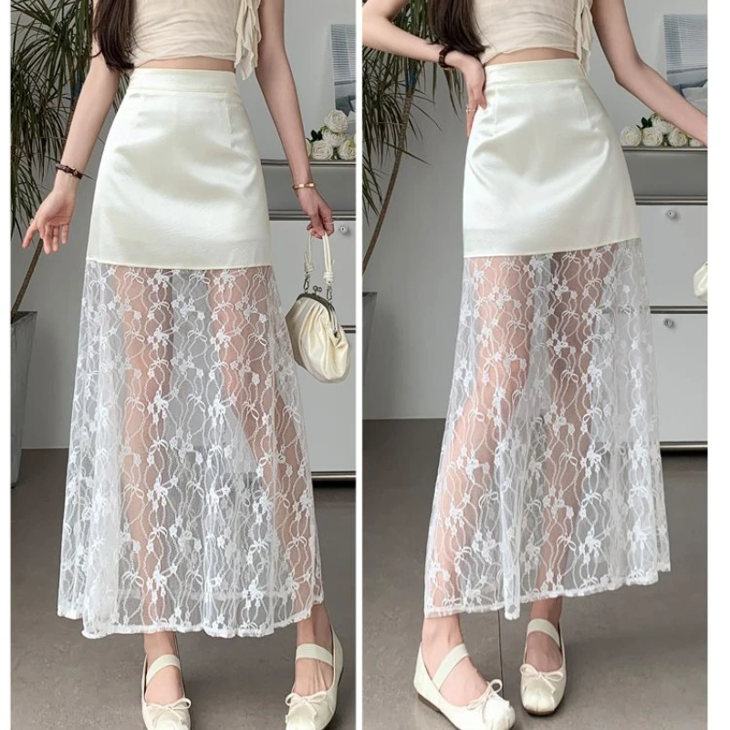 เย็บลูกไม้กระโปรงเอวสูงลูกไม้ตะขอดอกไม้ชุด 2025 ฤดูใบไม้ผลิและฤดูร้อนแฟชั่น Girlish Commuter ชุดสตรี