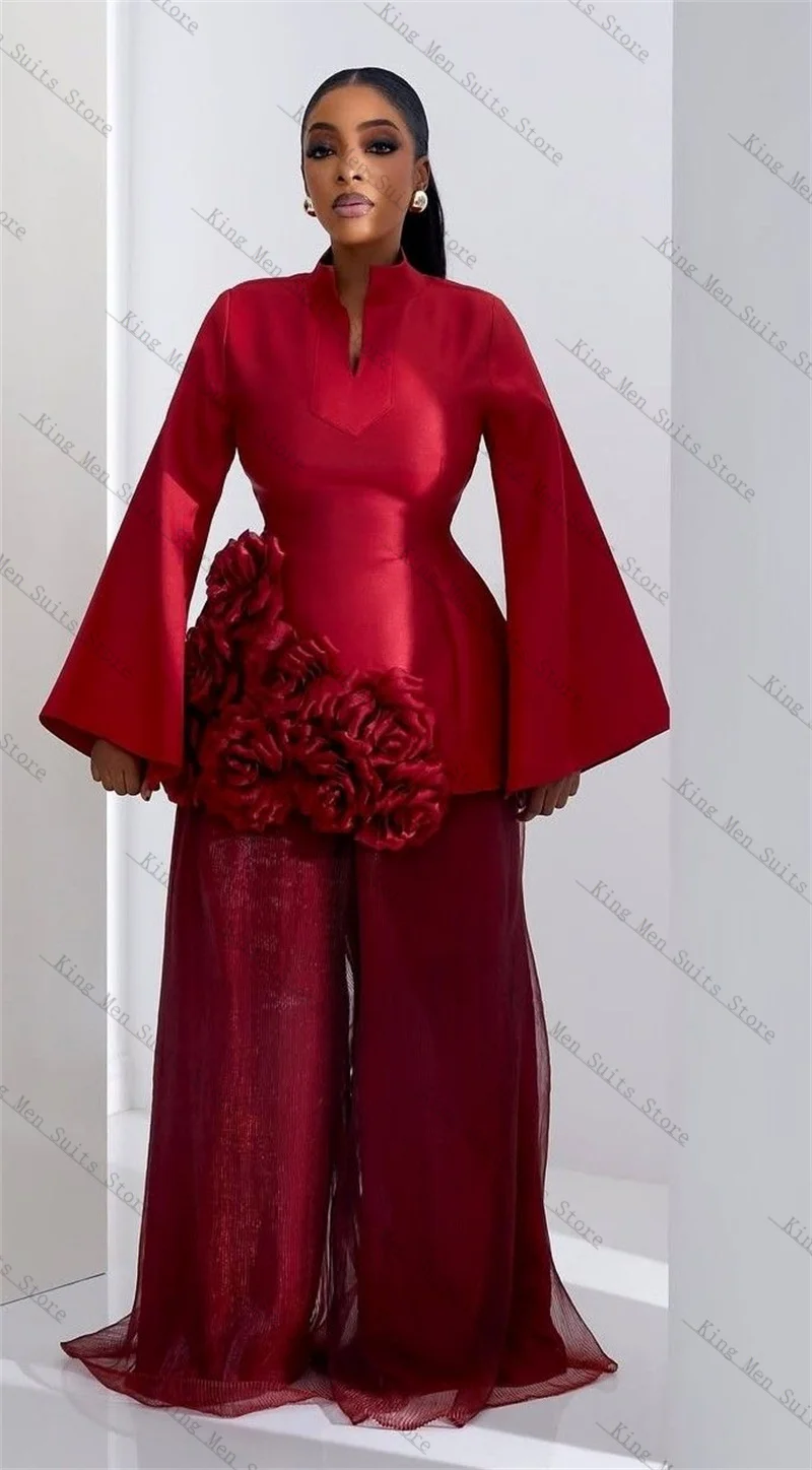 Set completo da donna bordeaux 2 pezzi blazer + pantaloni larghi a gamba larga pantaloni giacca cappotto smoking da matrimonio formale personalizzato fiore 3D