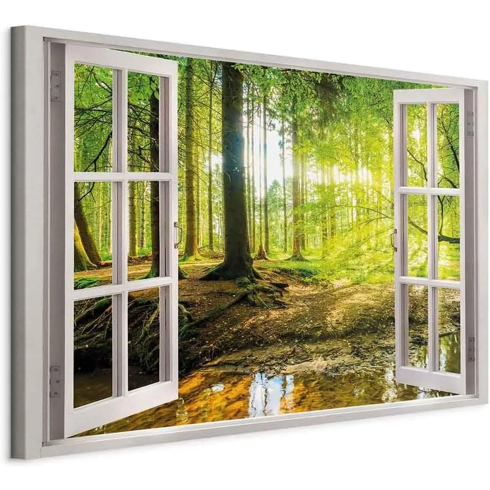 

Canvas Wall Art Print Window View 35x24 in - 1pcs Home Decor Framed Stretched Picture Photo Painting Artwork Image Forest Landsc