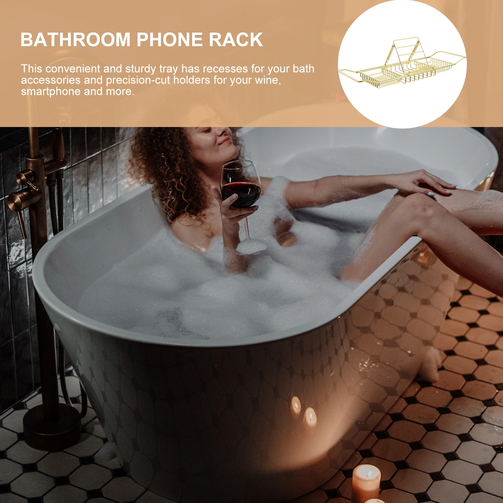 

1pc Retractable Bathtub Bath Shelf Wine Bath Supply Book Tablet Holder Nonslip Storage Tray Bathtub Bracket Golden