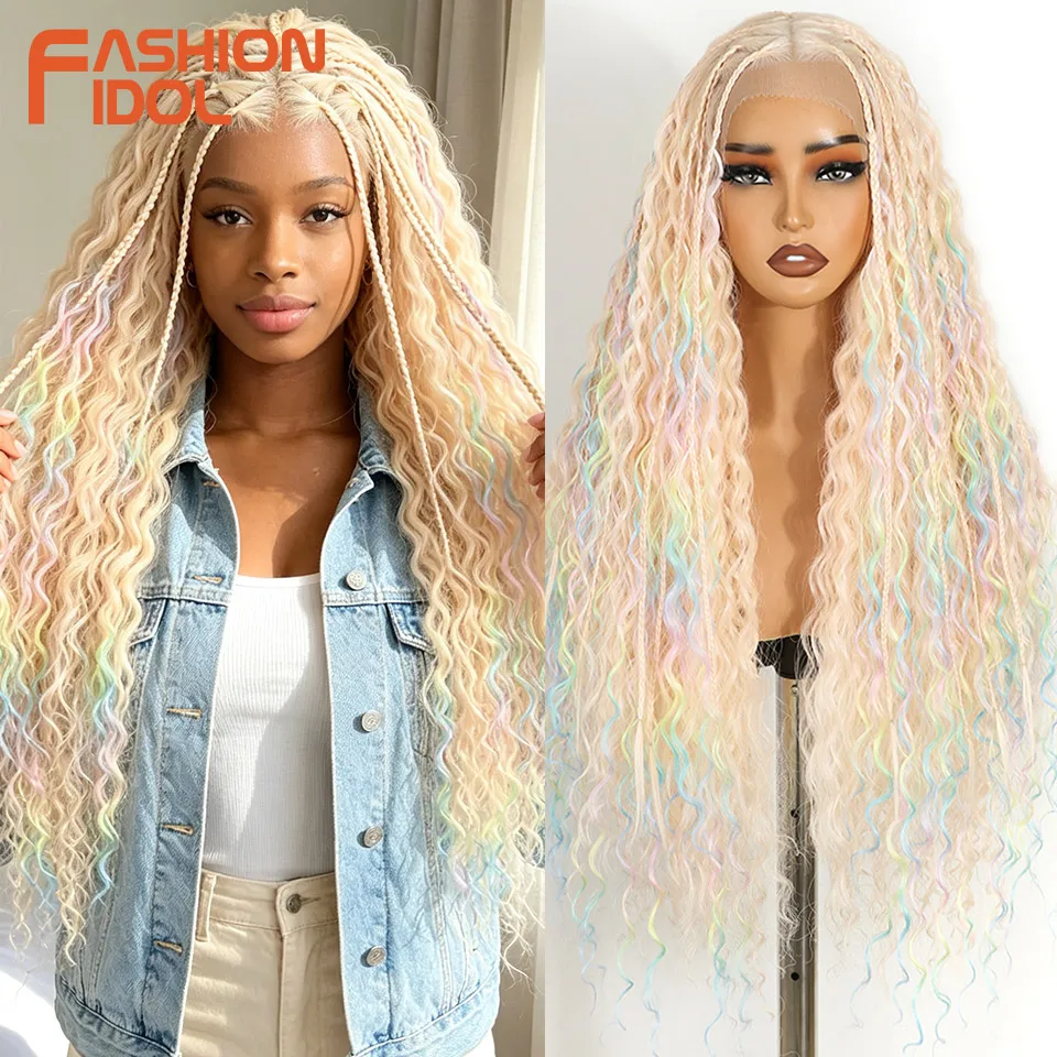 FASHION IDOL 13X4 Twist Box Braided Lace Wigs For Women Synthetic Lace Frontal Wigs Ivory White Faux Locs Goddess Braids Wigs