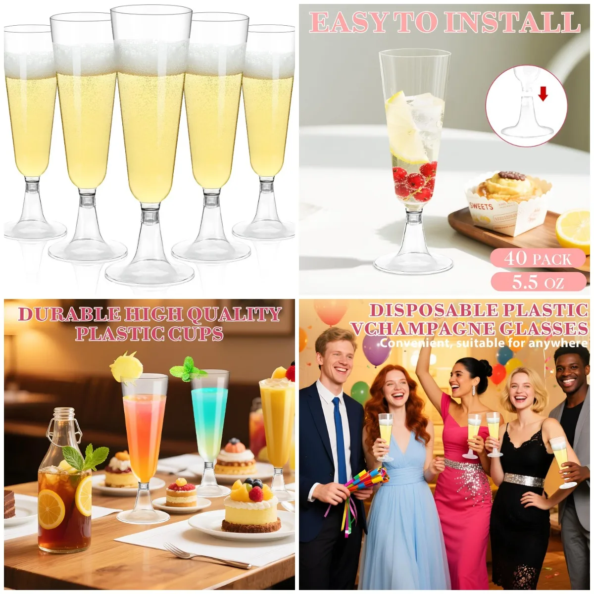 

40-Pack Clear Plastic Champagne Flutes, 5.5OZ Disposable Wine Glasses for Wedding, Party, Thanksgiving & Outdoor Events