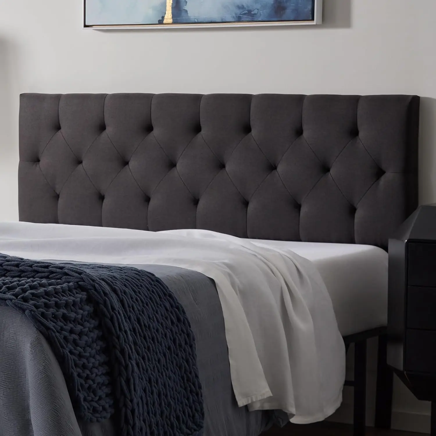 Mid-Rise Upholstered Headboard  Diamond Tufted  Padded Polyester  Adjustable Height from 34” to 46” Easy Assembly  Bed Fra