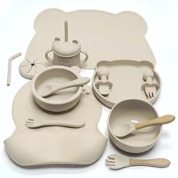 14pcs Silicone Baby Tableware Set Food Children Supplementary Bowl Baby Dinner Plate Fork Spoon Bib Non-slip Bowl Drop-proof Bow