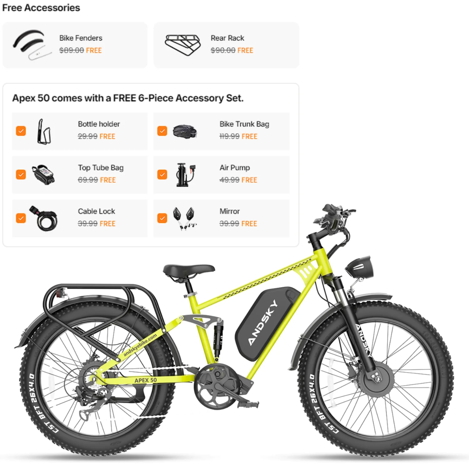 ANDSKY Apex50 AWD Electric Bike 3000W Dual Motor 35MPH 100Miles Long Range 48V/52V 25Ah Removable Battery City Off-Road Electric Bicycle for Adults Full Suspension 26*4 Inch All Terrain Fat Tire E-bike image 4