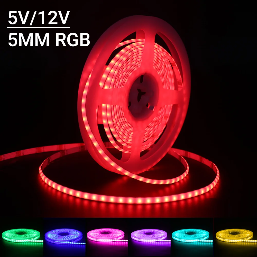 5mm Super Narrow COB LED Strip Lights 5V 12V RGB Ribbon High Density Flexible Changeable Color Dimmable  LED Lighting 5M