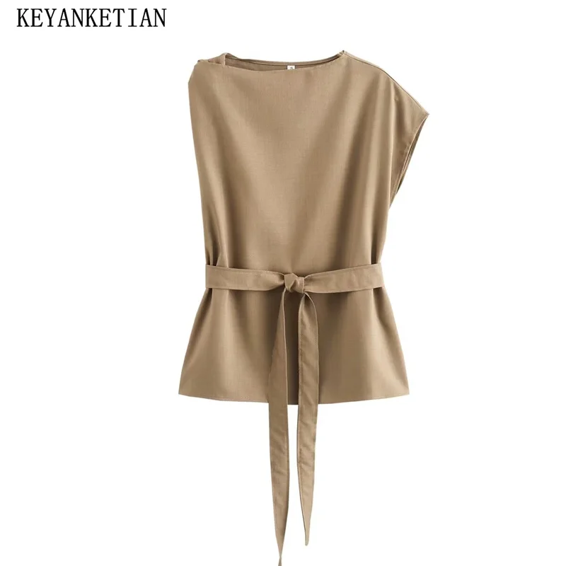 

KEYANKETIAN 2024 New Launch Women's Asymmetrical One shoulder Shirt Summer Stylish Simple With Belt O-Neck Pullover Blouses Top