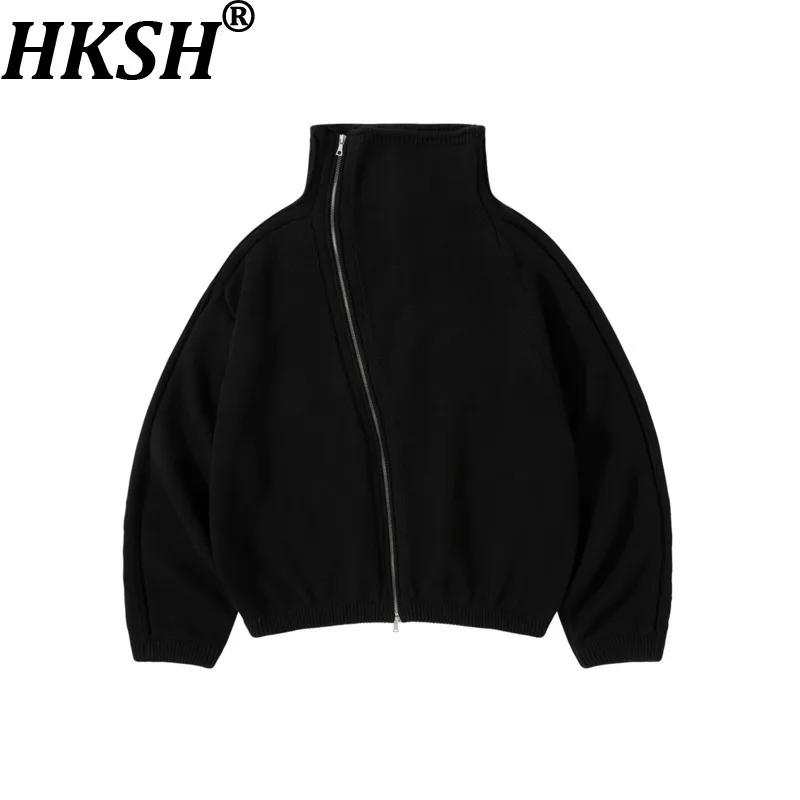 HKSH 2025 Spring Autumn Winter New Men Dark Tide Zipper Sweater Irregular Stand Collar Heavy Knitted Sweatshirt Punk Ins HK14366