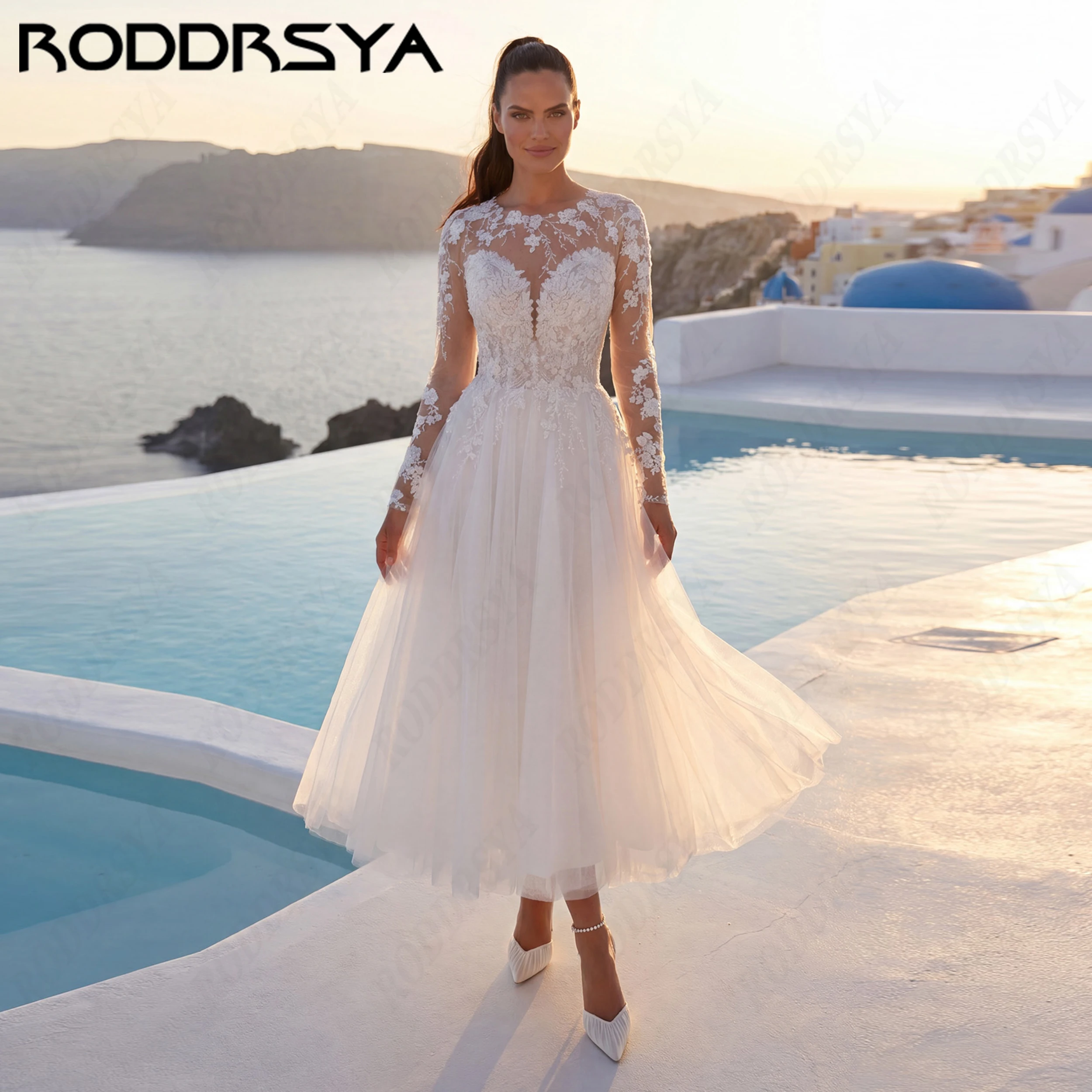 RODDRSYA Customized Tea Length Wedding Dresses Luxury O-Neck Lace Appliques Bridal Dress Long Sleeves Bride Gowns Tulle A-Line