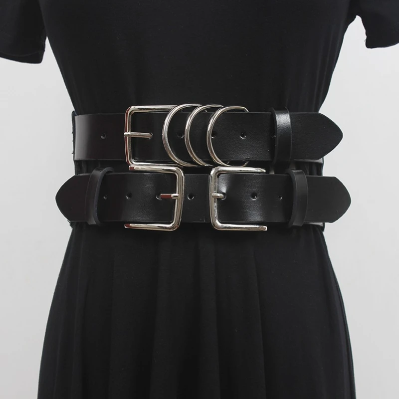 

Women's Runway Fashion Genuine Leather Circular Ring Elastic cummerbunds Female Dress Corsets Waistband Belts Decoration