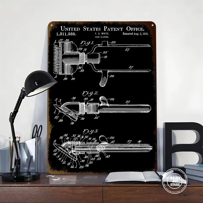 Hair Clipper Patent Drawing Metal Poster Customized Wall Art Retro Vintage Tinplate Signs for Decoration Garage Home Decor Items