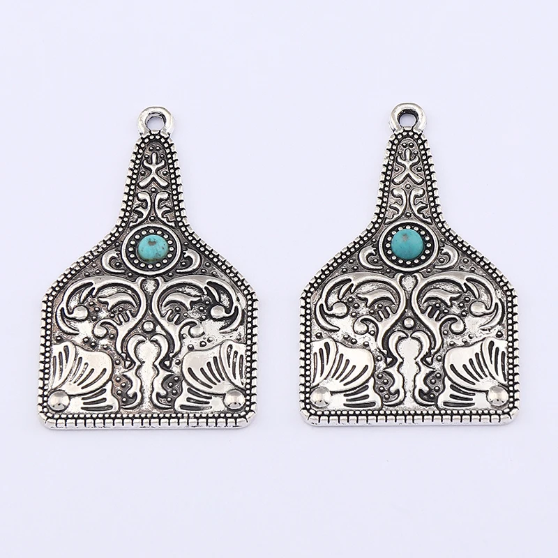 10Pcs Tibetan Silver Turquoise Cow Tag Charms Pendants for DIY Earrings Necklace Jewelry Making Findings Accessories 37x23mm