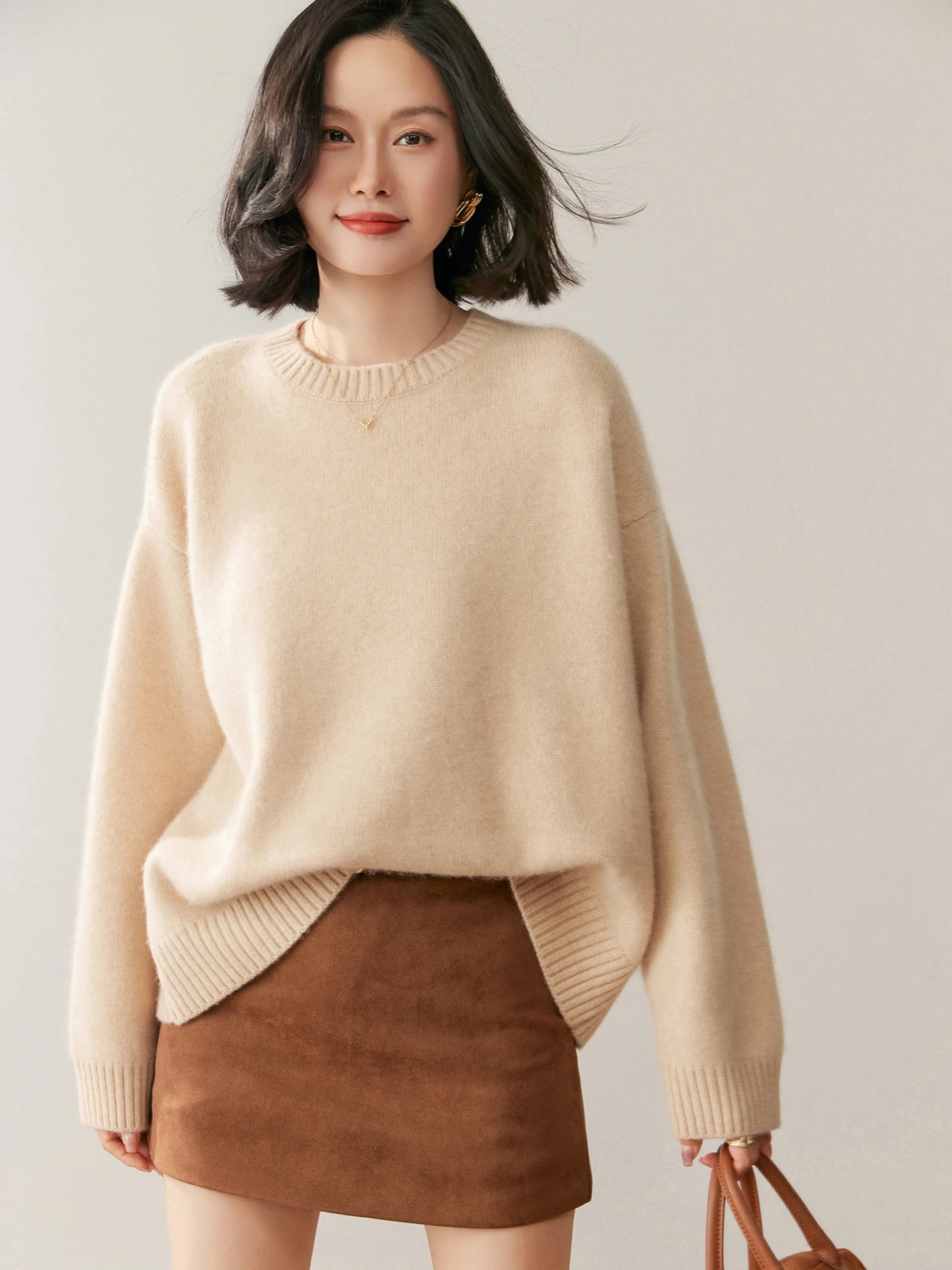 TLOML Jesienno-Zimowy Sweter Damski 100% Kaszmir Okrągły Dekolt Długi Rękaw Jednolity Kolor Miękki Ciepły Sweter z Kaszmiru Luźny Gruby Top