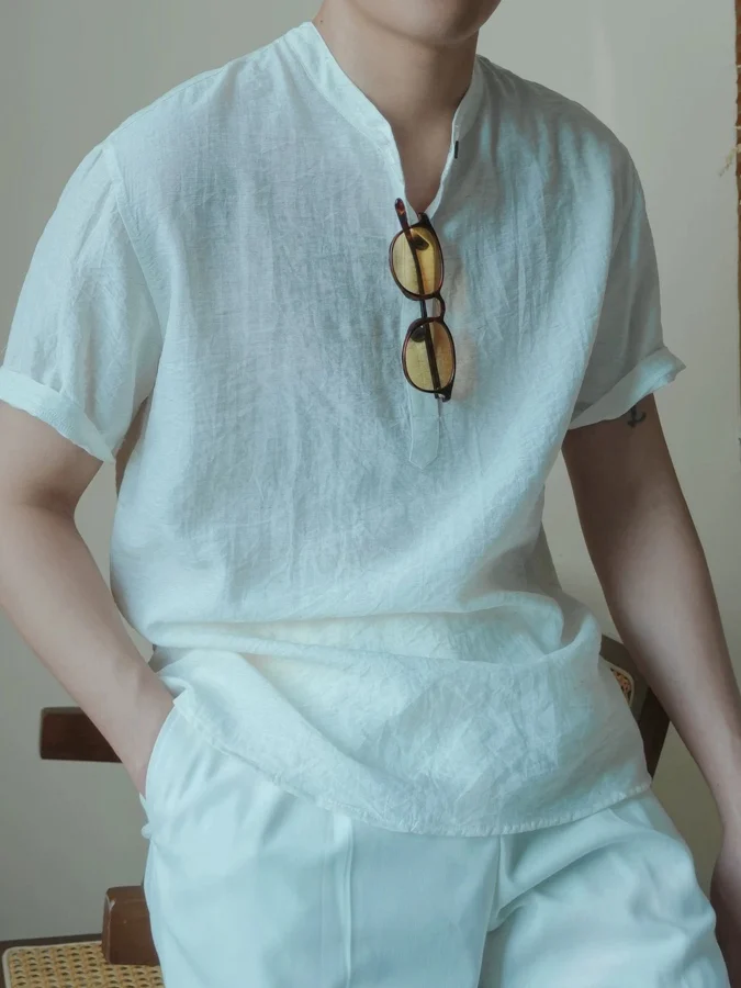 

New Retro Chinese Style Cotton Linen Henry Collar Short Sleeve Shirt Men's Half Open Grooming Trendy Pullover Summer Shirt