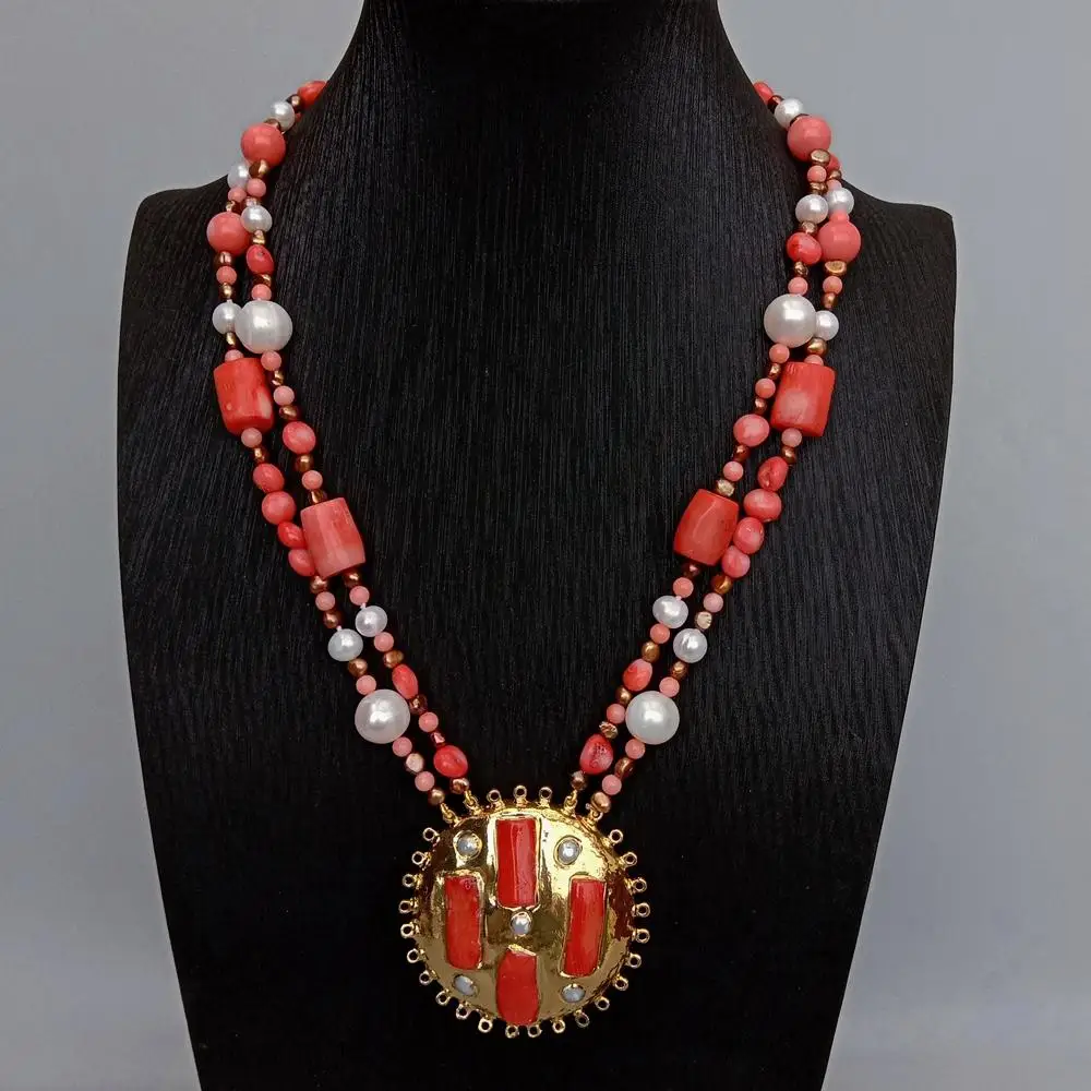 KKGEM 54mm Orange Coral Pearl Big Pendant 2 Rows Cultured 12x13mm  White Pearl Pink Coral  Necklace